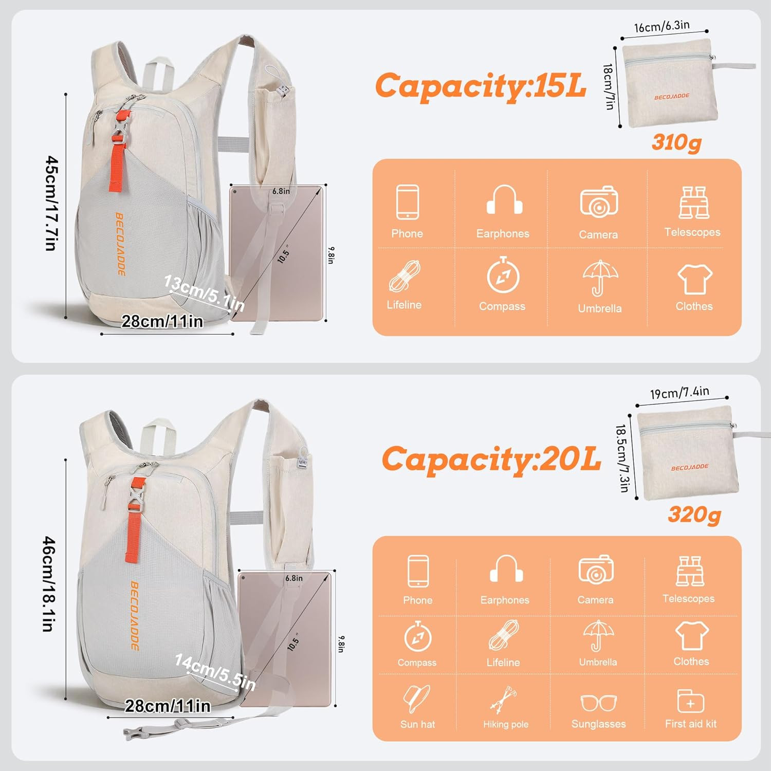 Ultralight 15L Foldable Hiking Backpack for Travel and Outdoor Activities, Beige