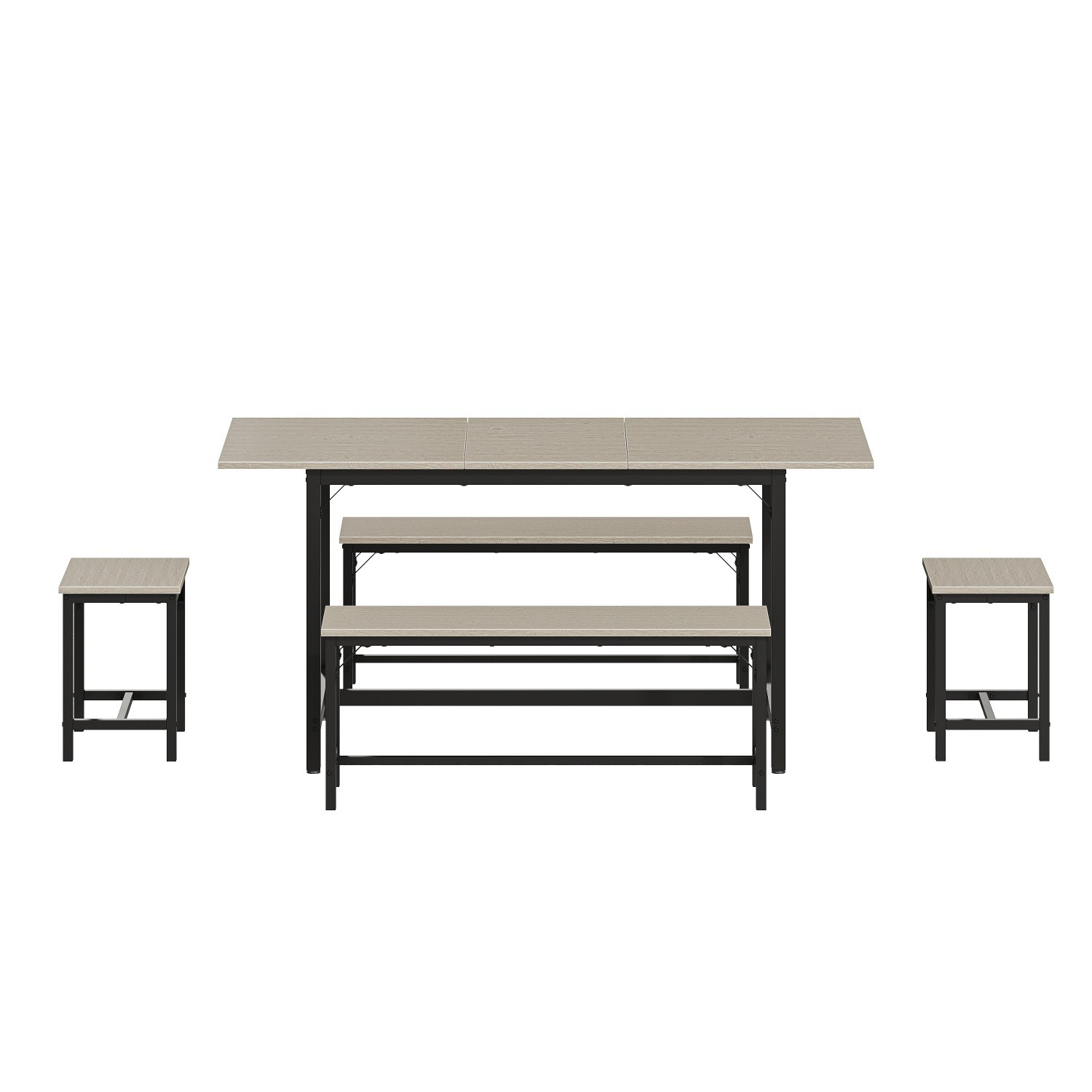 5 Piece Extendable Dining Table Set Wood Tabletop Steel Frame 2 Benches 2 Stools