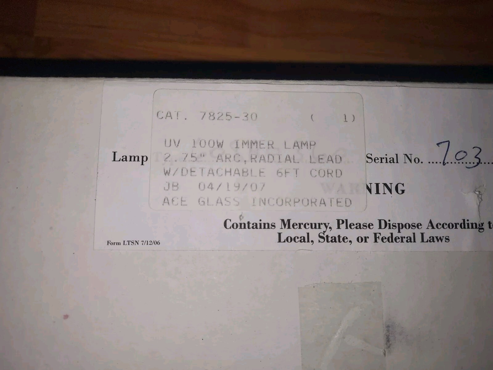 Ace Glass 7825-30 UV 100W IMMER LAMP LOT OF 2 (NEW)