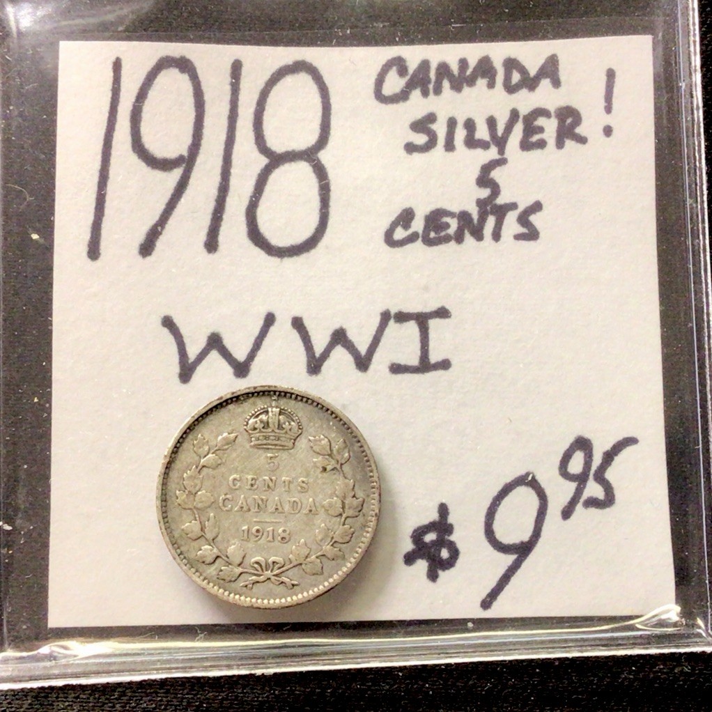 1918 Canada Silver! 5 Cents! WWI! ENN Coins