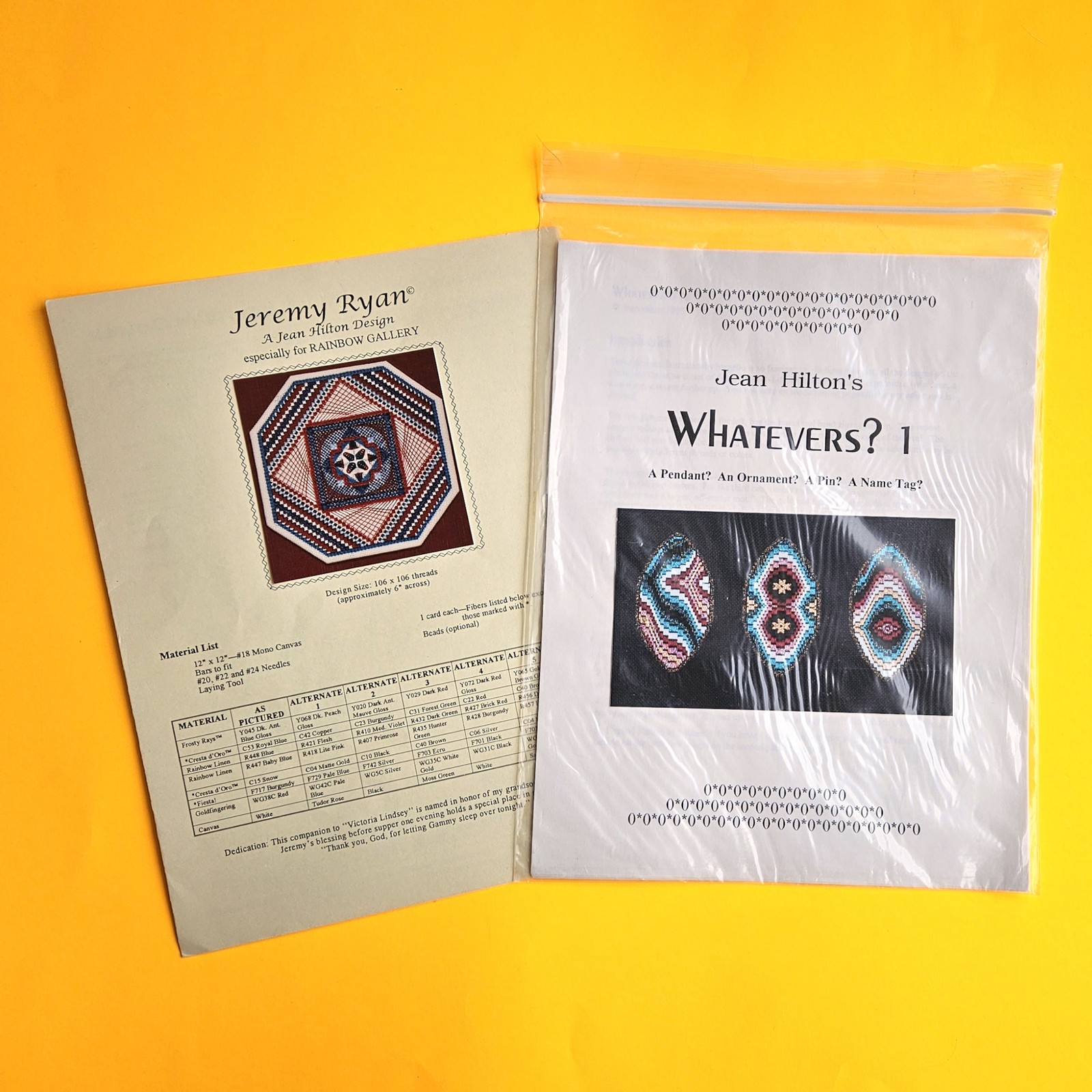 2 VINTAGE JEAN HILTON NEEDLEPOINT STITCH GUIDES:  WHATEVERS? 1 & JEREMY RYAN  BM
