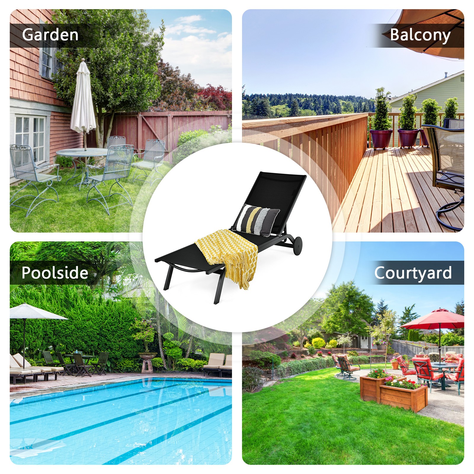 Patio Chaise Lounge Sling Armless back Adjustable Outdoor Black