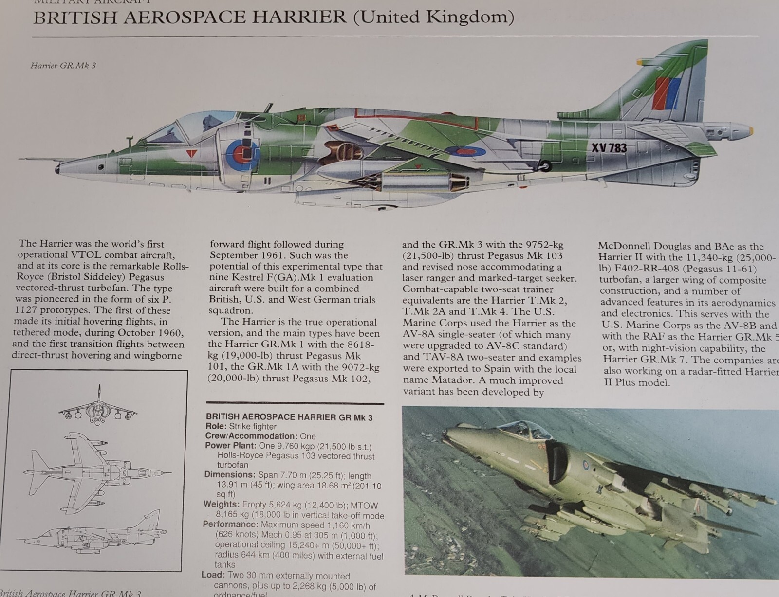 British Aerospace Harrier Picture Out of Print Article Spec Sheet Decor