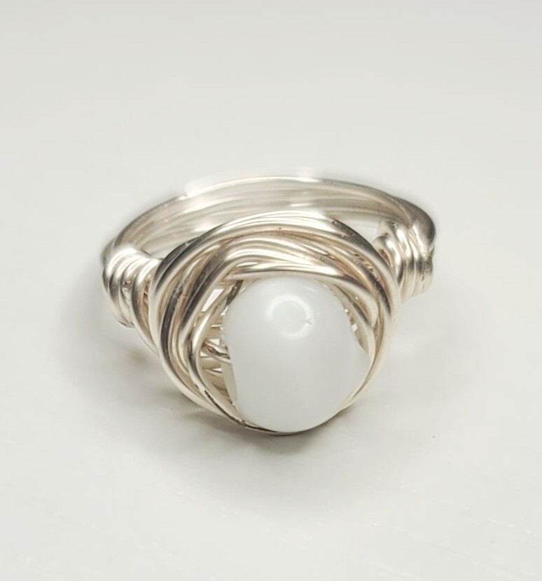 Handmade Wire Wrapped Ring White. Cat Eye Bead Size 7.
