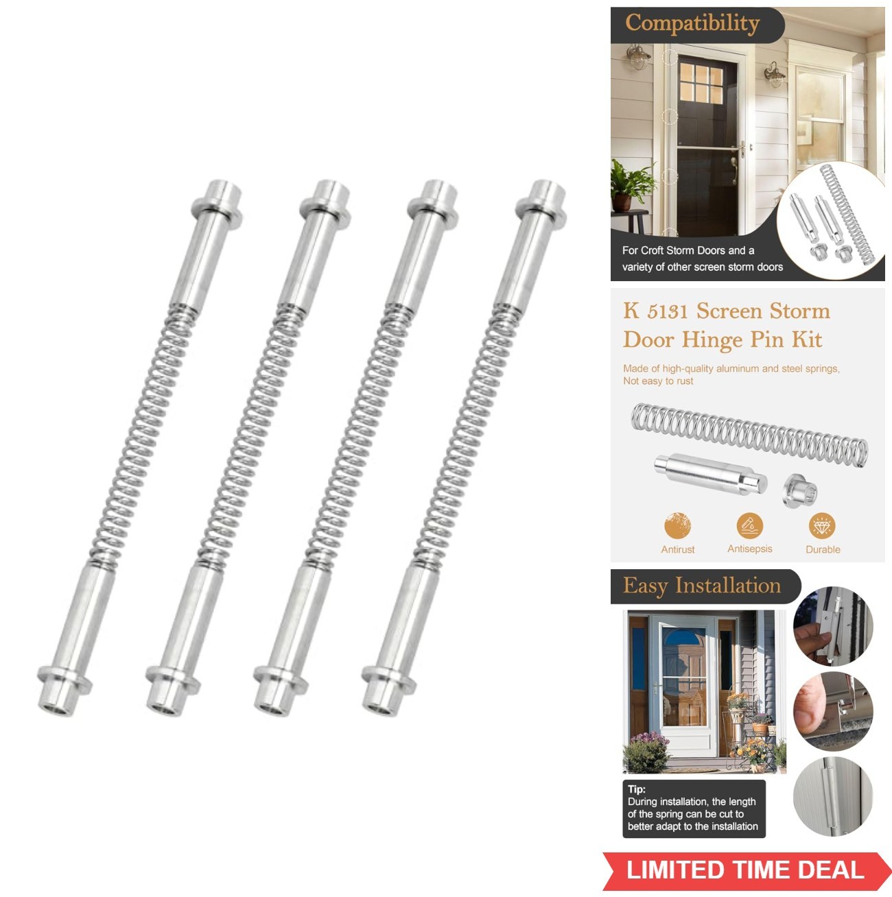 Storm Door Hinge Pin Kit Aluminum Steel Springs 4 Pack 5/16 Inch Bushings Croft