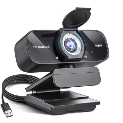 1080P HD Webcam with Noise-Canceling Mic, Auto Light Correction, Deep Black