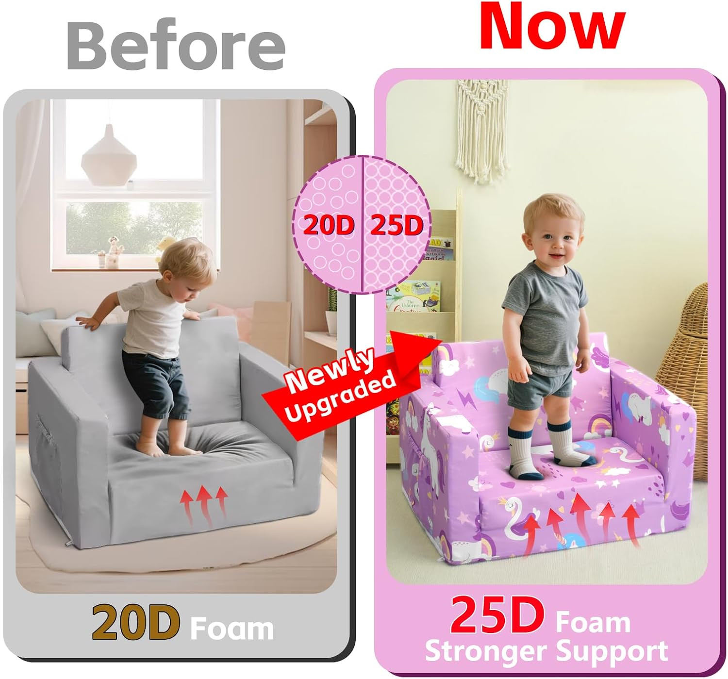 Kids Couch, 2-In-1 Toddler Sofa Fold Out, Soft Toddler Chair for Boys and Girls,