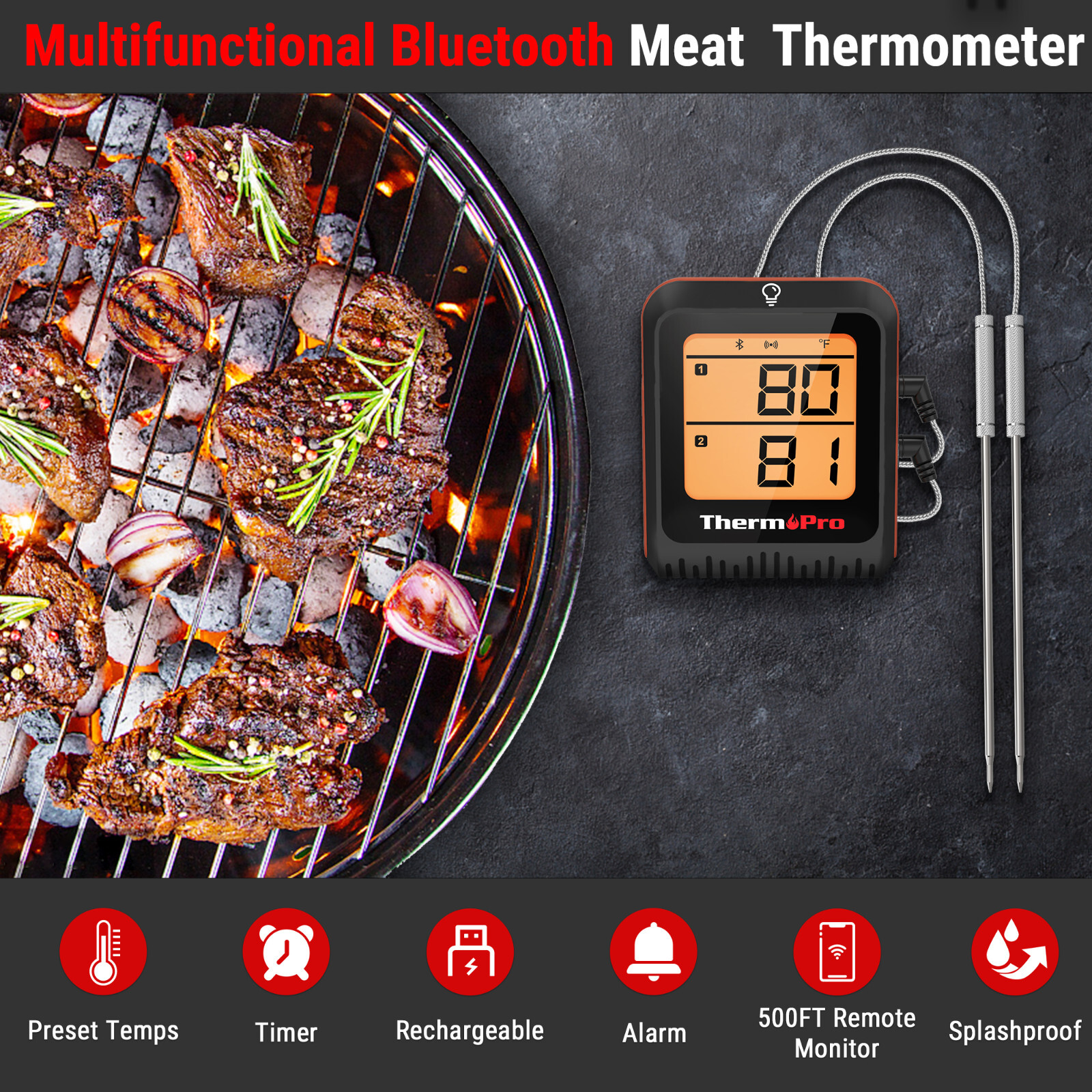 ThermoPro 500ft Long Range Bluetooth Meat Thermometer Wireless Grill Dual Probe