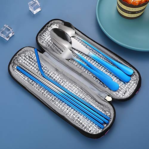 Travel Utensils,Reusable Silverware Set To Go Portable Gradient Blue + TeaSpoon