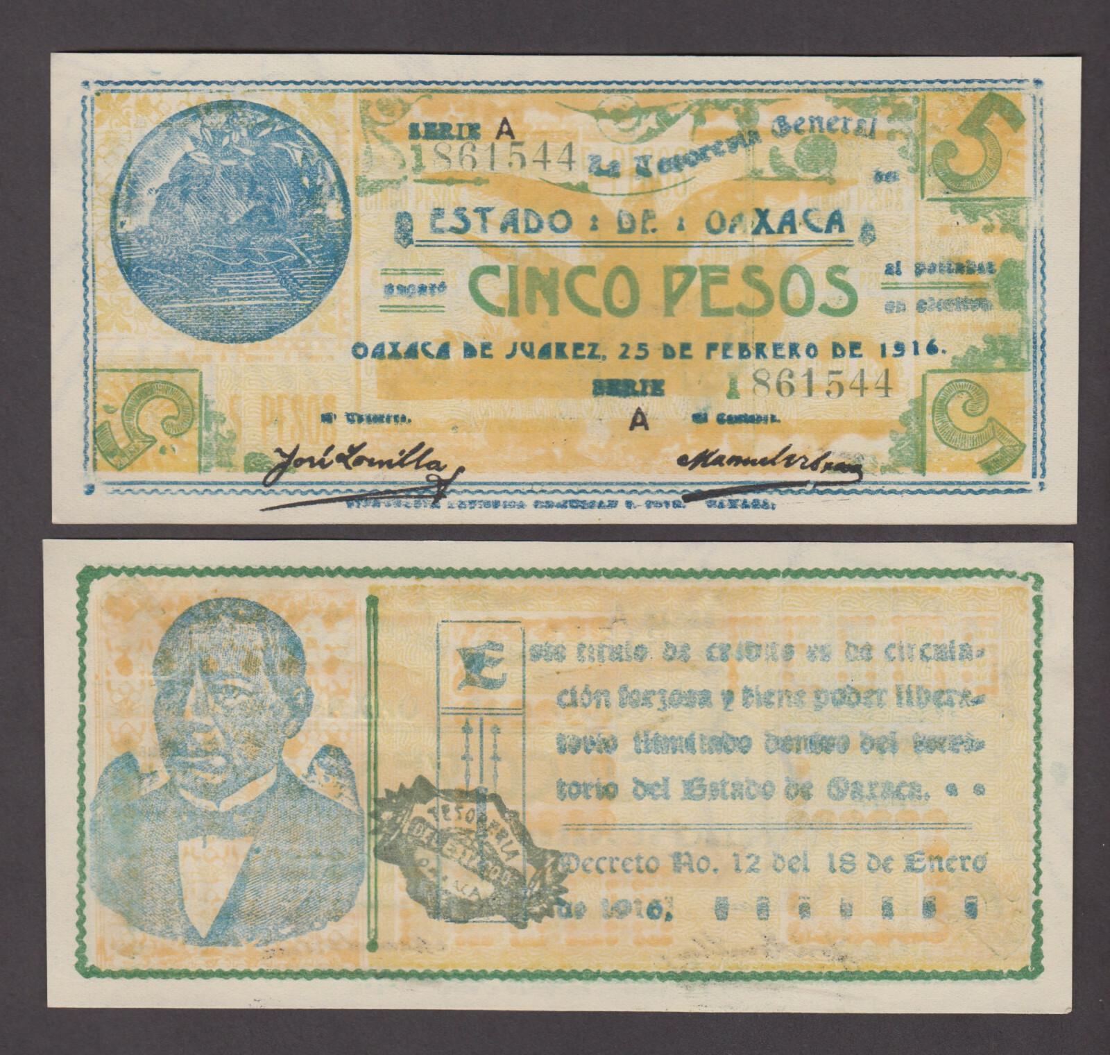 MEXICO-OAXACA P.S-954  5 PESOS 25.2.1916 SERIE A  ALMOST UNCIRCULATED  2203