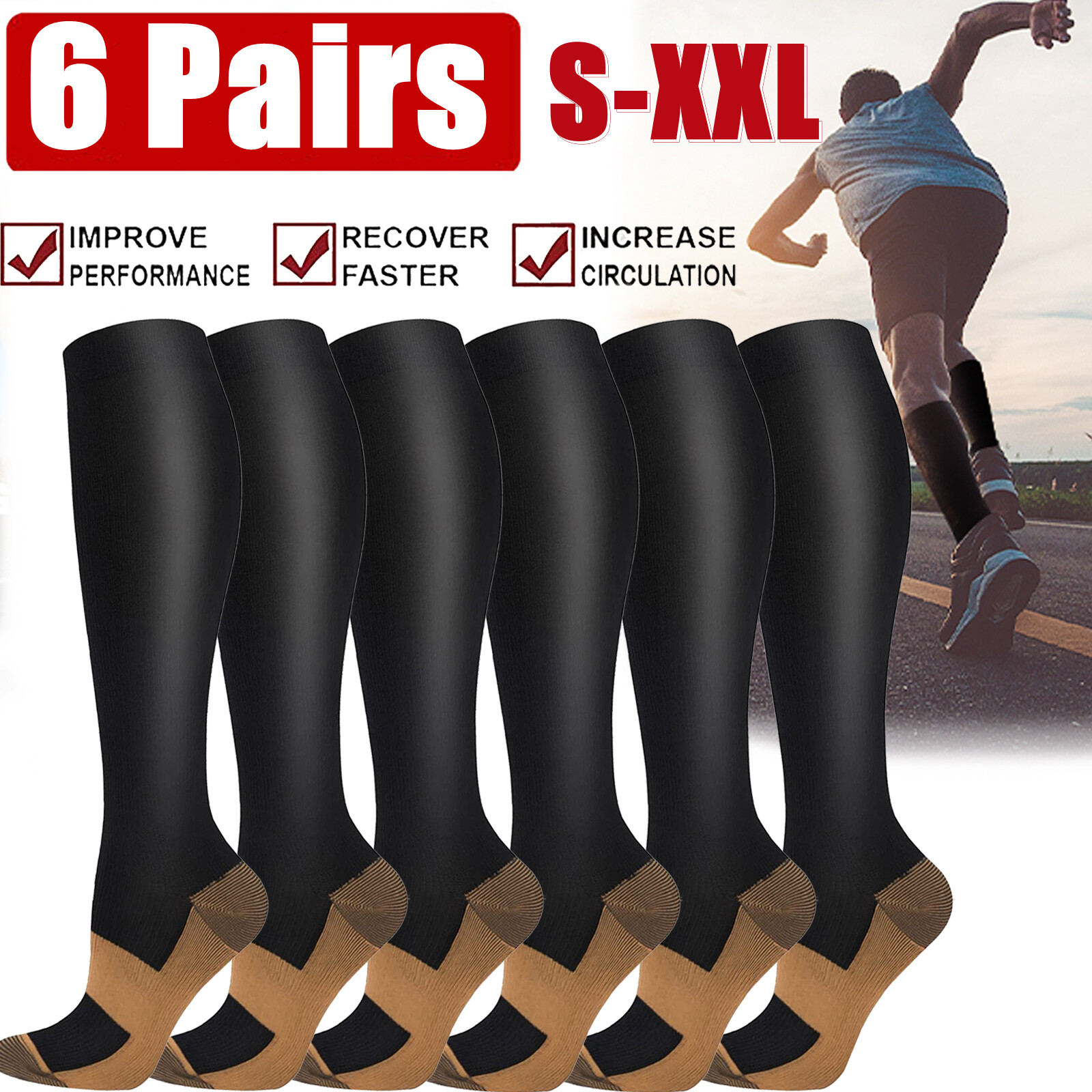Medias Calcetines De Compresion 6 Pares Varices Hombres Mujeres 20-30 Mmhg -US