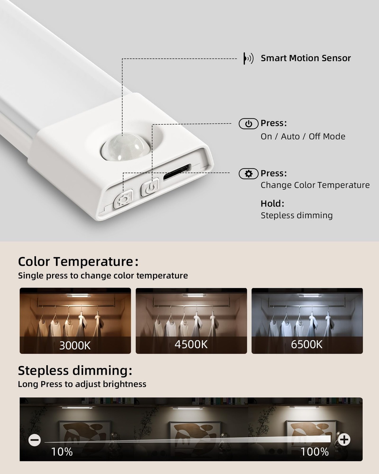 EZVALO 3 Pack 8” Motion Sensor Light Indoor Rechargeable, Stick on Under Cabi...