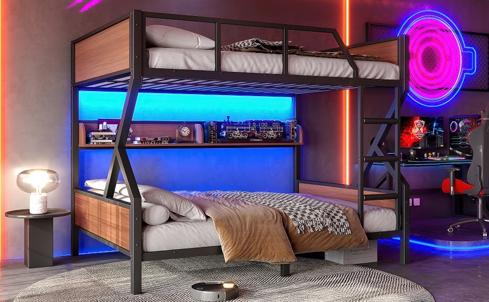 Metal Full over Full Bunk Bed with Storage Shelves Lights Space-saving Black New