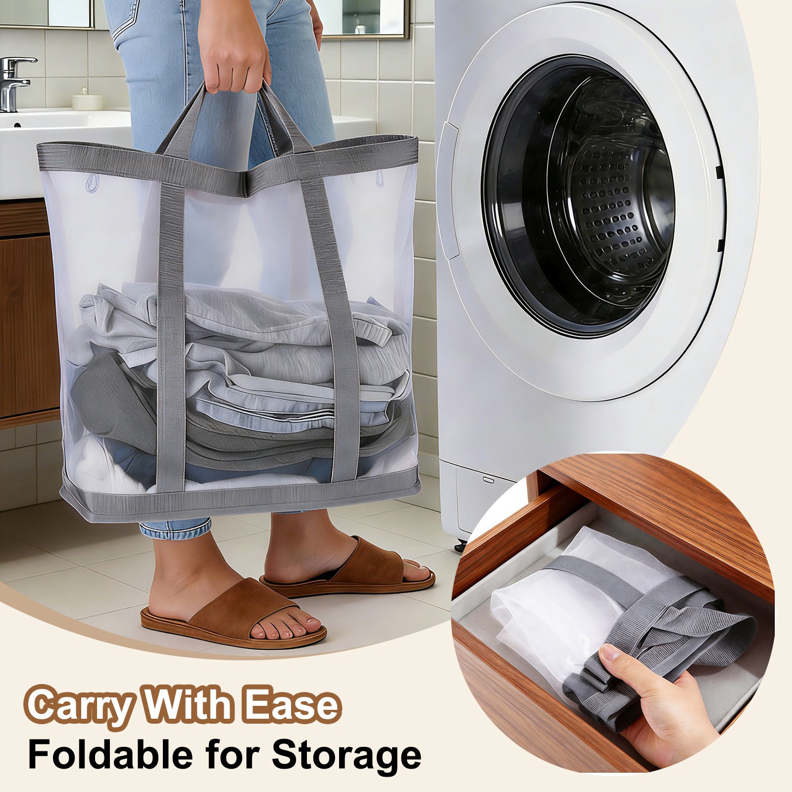 Collapsible Basket Mesh Hamper with Handles Foldable Bag Grey Large