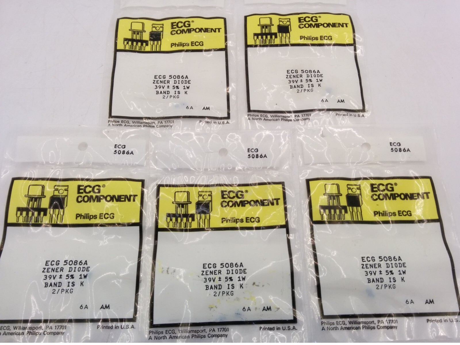 PHILIPS ECG5086A ZENER DIODE, 39V 5% 1W, 2 PER PACKAGE (LOT OF 5) NIB