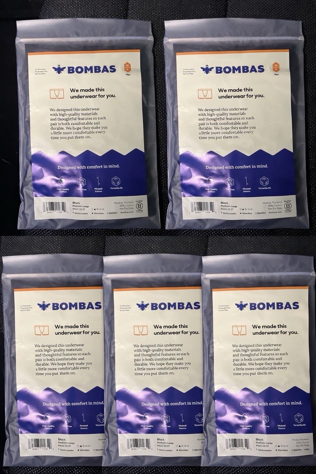 Lot Of 5 Bombas Boxer Briefs Black Cotton Mens Boxer Shorts Underwear M/L 32-37