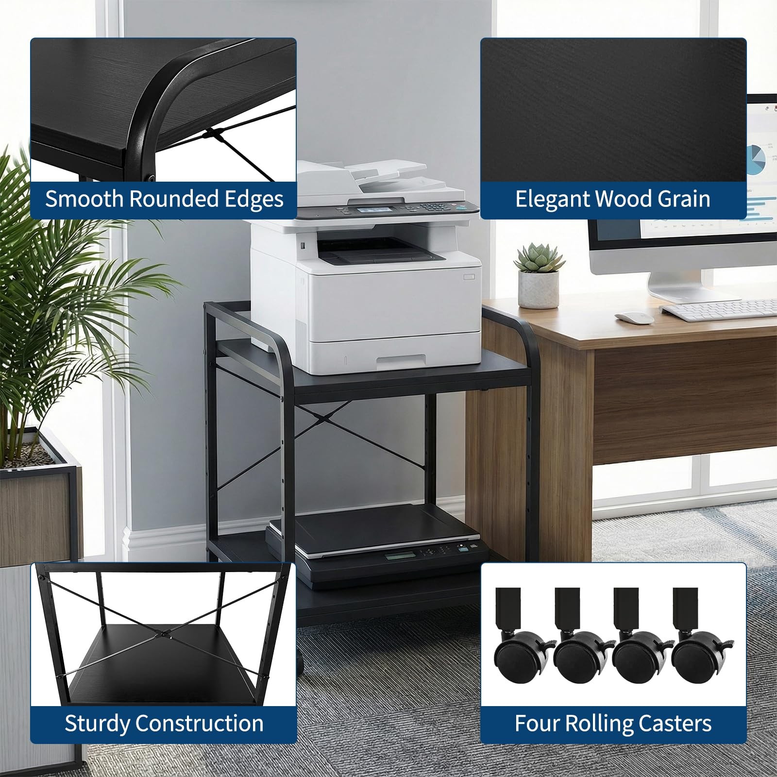 2 Tier Under Desk Printer Stand with Storage, 20" Deep Printer Table with Wheels