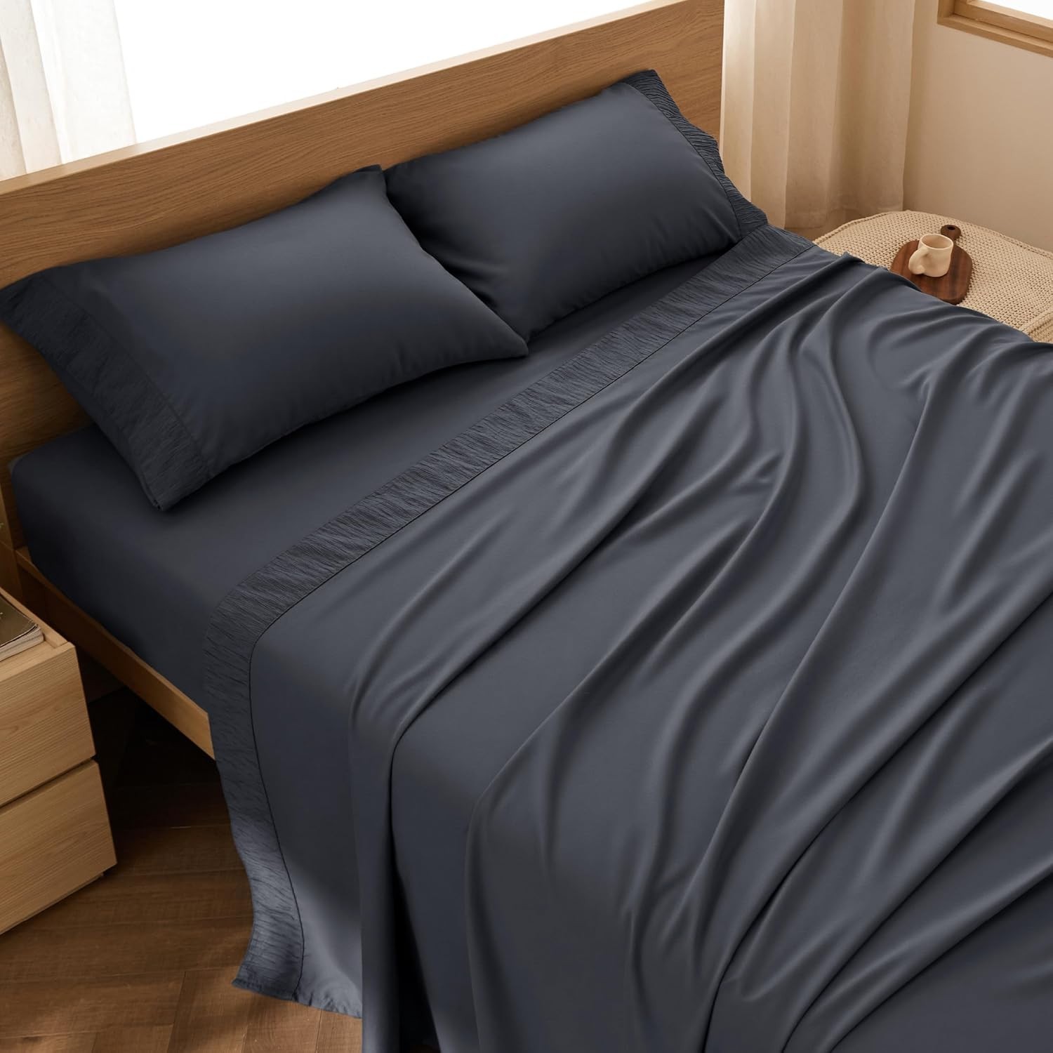 Juego De Sabanas Gris Oscuro Queen Size 100% Algodon Suave 4 Piezas En Oferta US