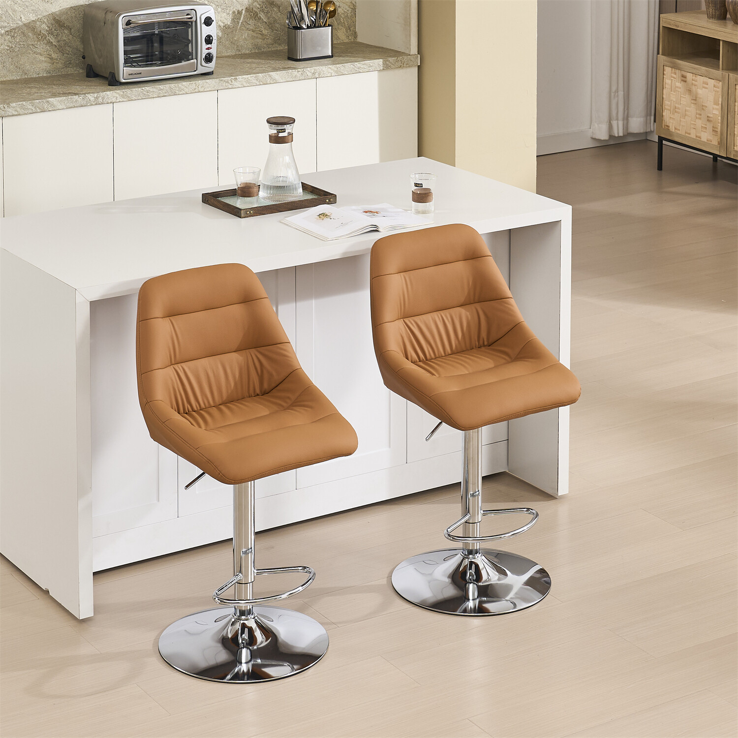 Set of 2 Swivel Bar Stools PU Bar Chairs Adjustable Height Dining Chairs Brown