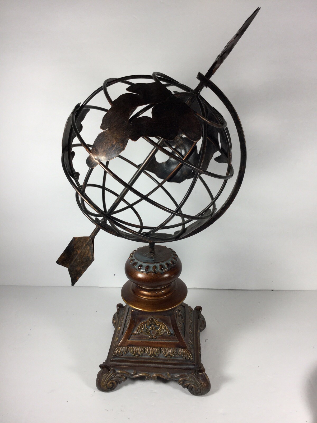 World Globe Sphare Arrow Metal & Resin Stand Armillar Style 16" Tall