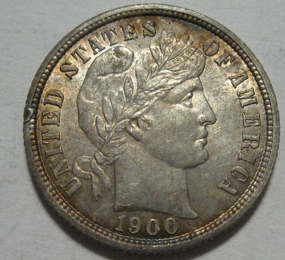 = 1900-S AU/BU BARBER DIME, Toned, Better Date, Rim Bump, FREE Shipping