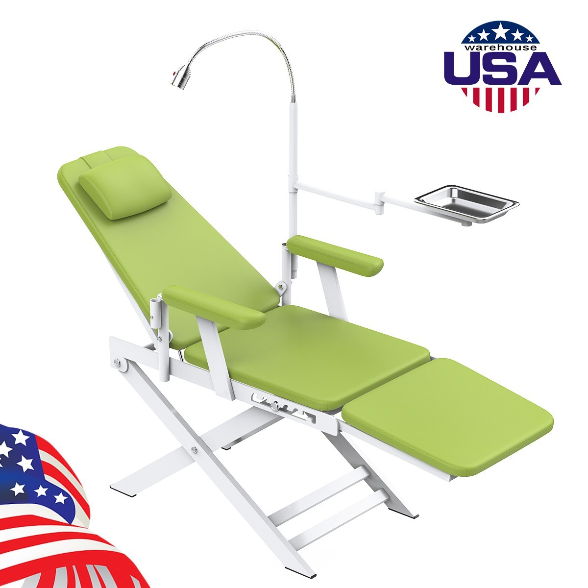 Portable Dental Chair Mobile Green Folding Chair +Rechargeable LED Light+Tray