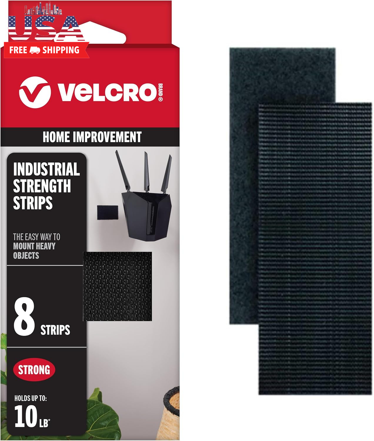 Heavy Duty Fasteners | 4X2 Inch Strips with Adhesive 8 Sets | Holds 10 Lbs | Bla