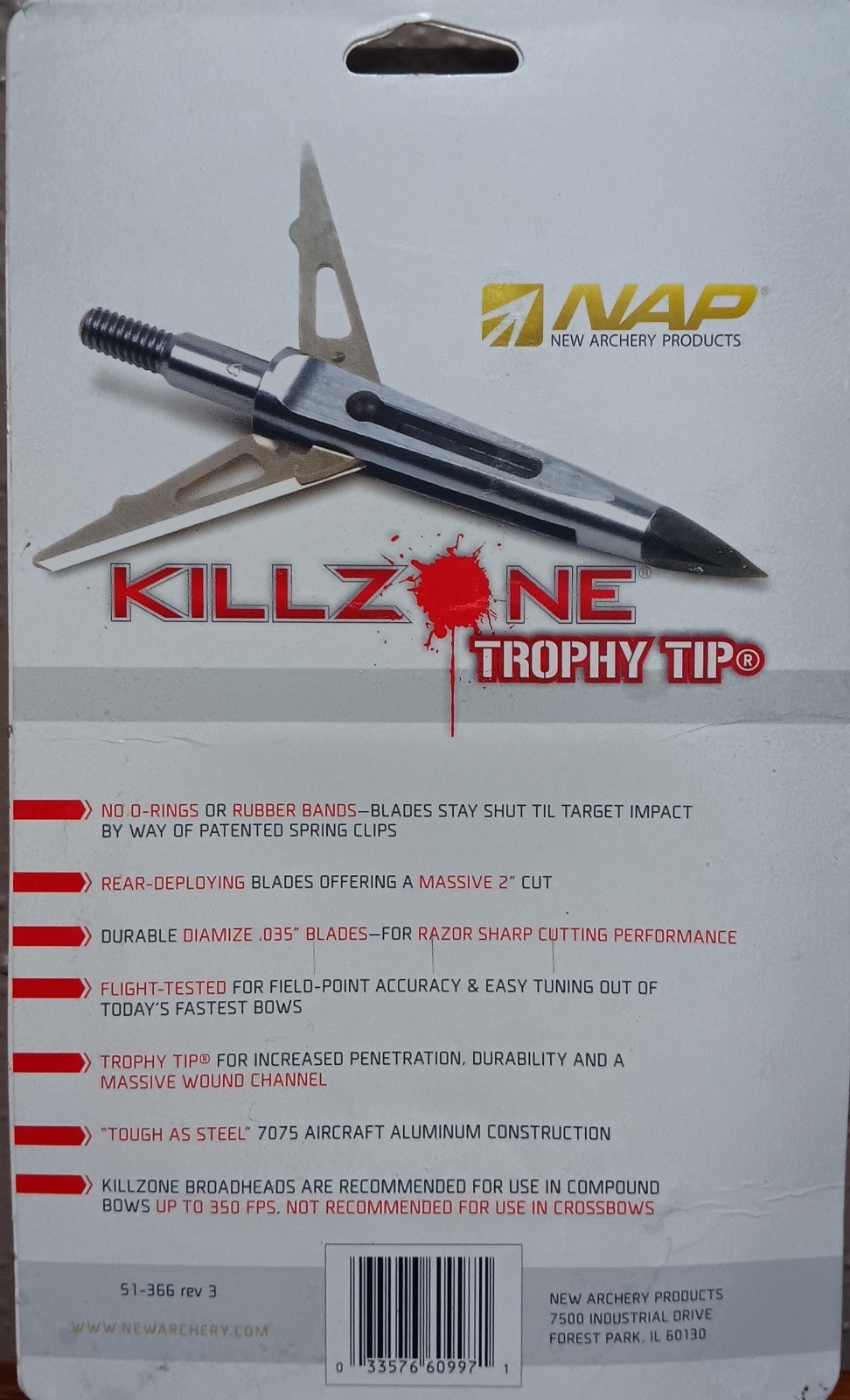 NAP Killzone Trophy Tip Broadhead 2" Cutting Diameter 100 Grain 3-Pack