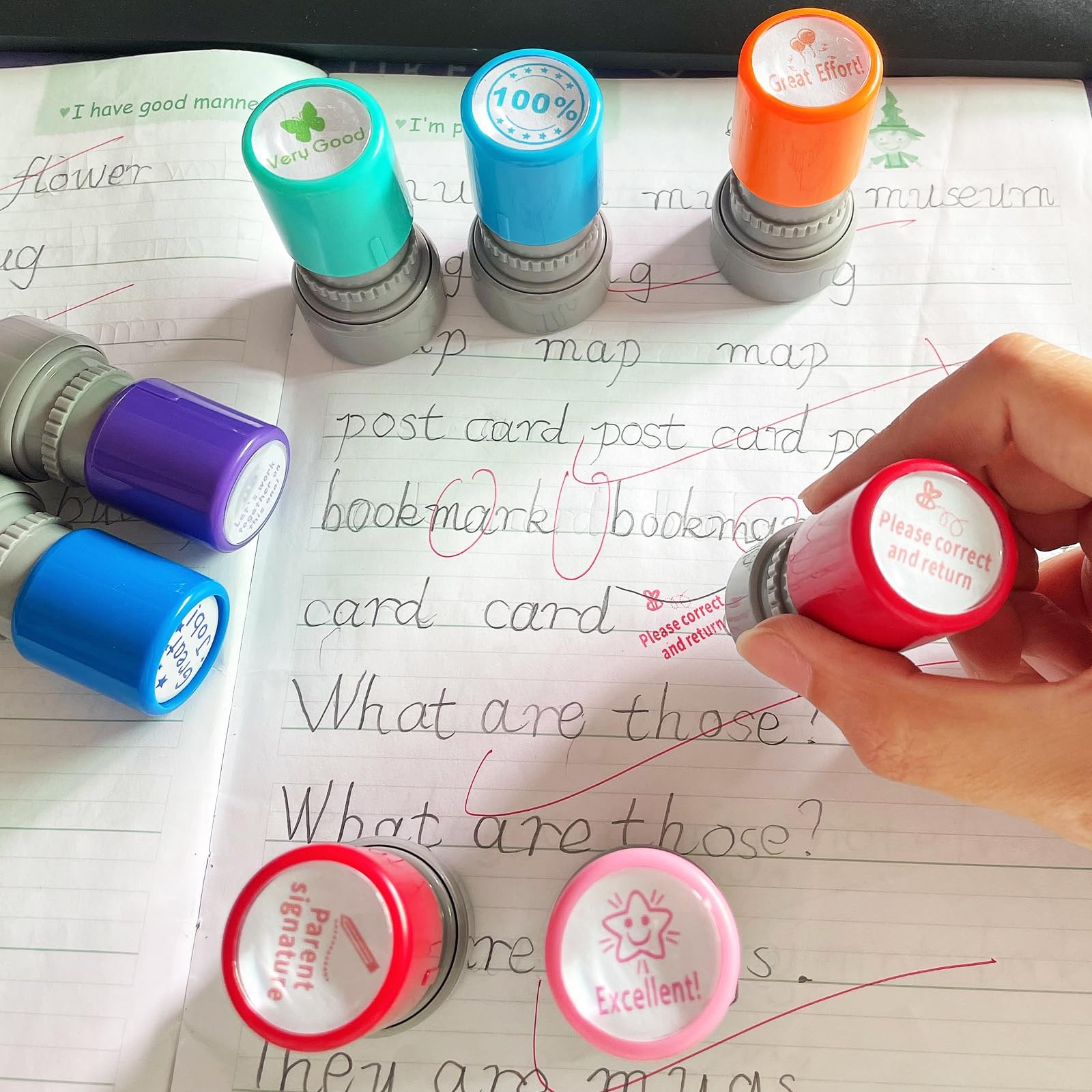 8 PCS Teacher Stamps Set For Classroom Self Inking Rubber Grading Homework