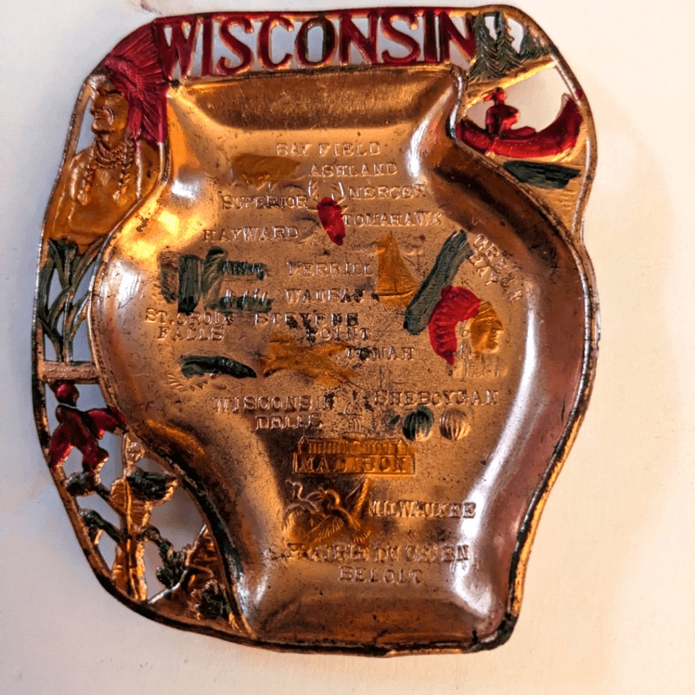 Vintage Wisconsin souvenir metal trinket dish