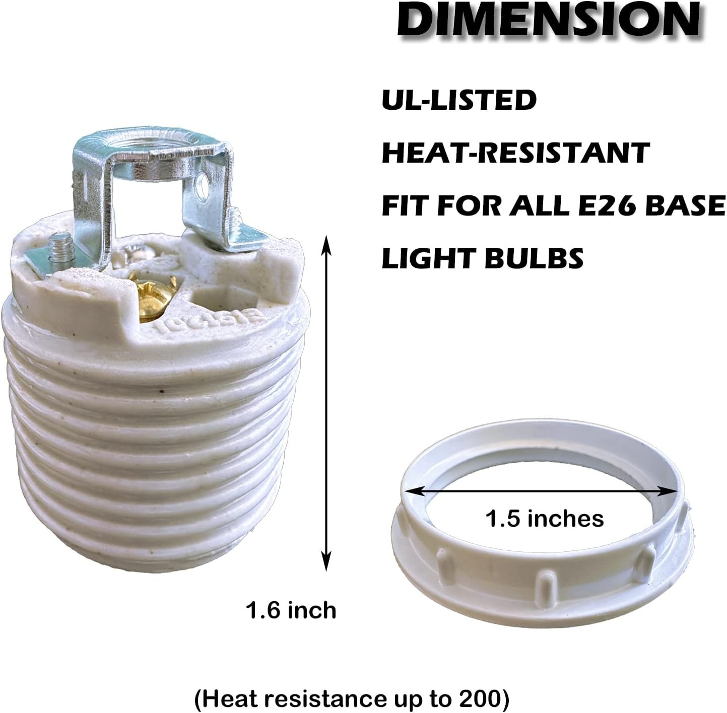 E26 Ceramic Threaded Light Socket with White Aluminum Shade Ring, UL Listed M...