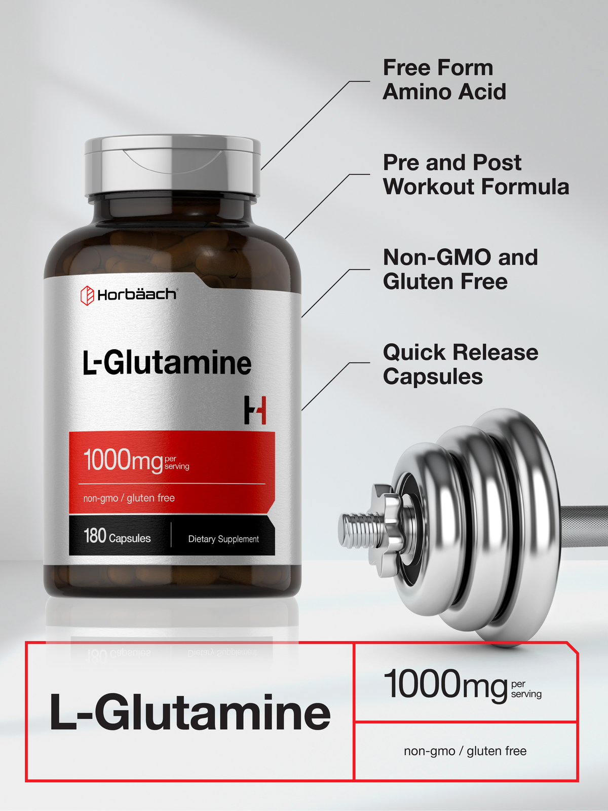 L Glutamine Capsules | 1000mg | 180 Count | Non-GMO, Gluten Free | by Horbaach