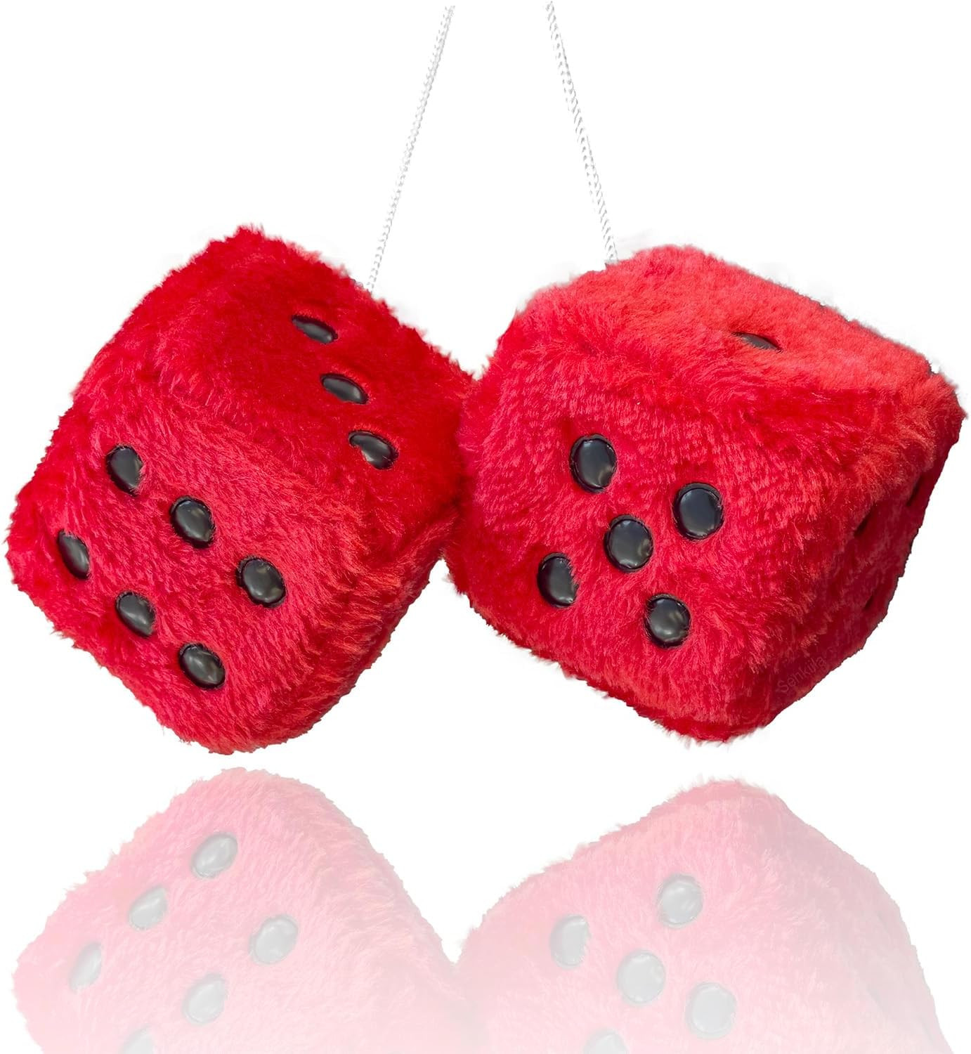 Fuzzy Plush Dice for Car Mirror, Pair of Retro 3” Red Dice with Black Dots for C