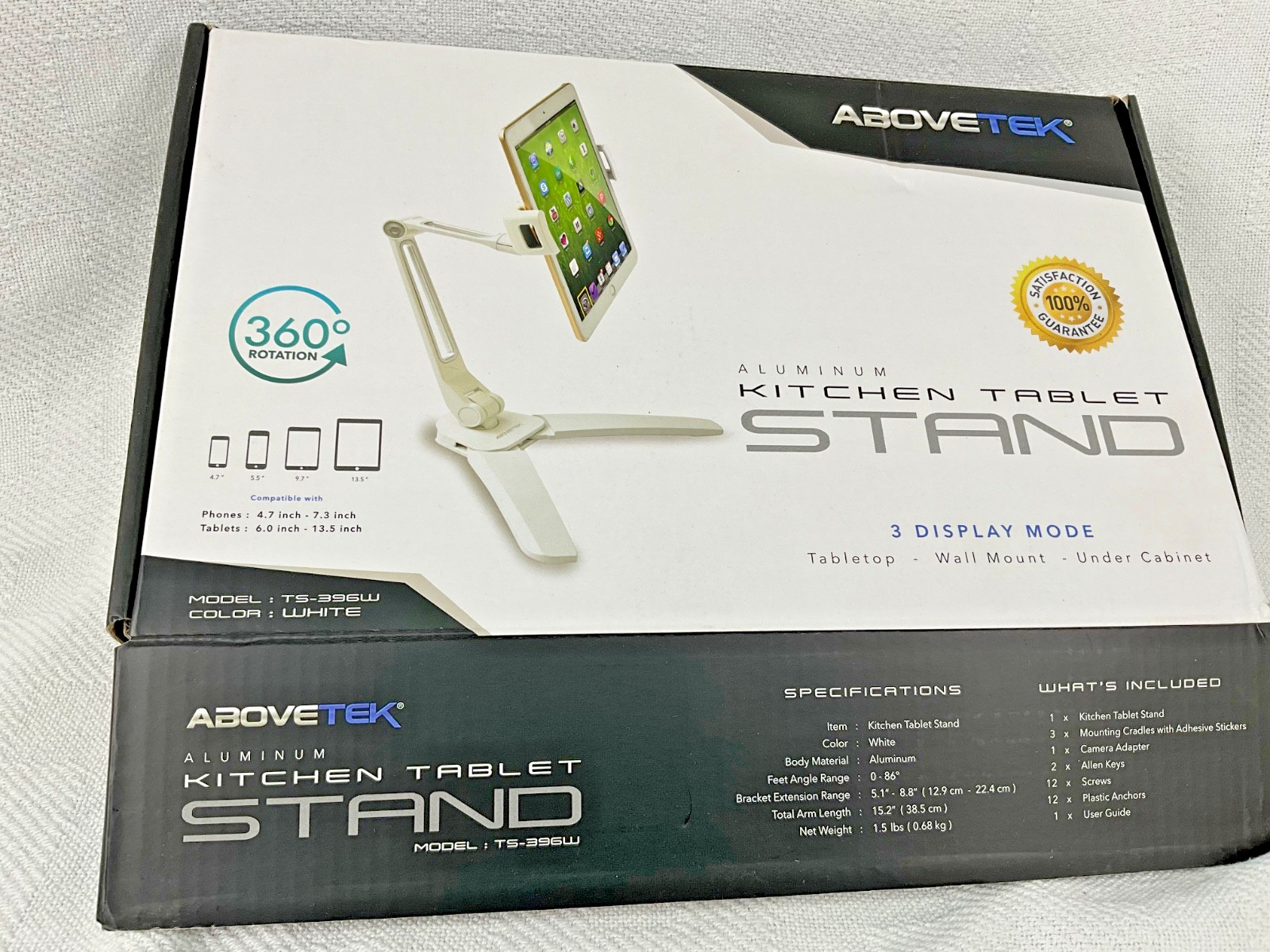 AboveTEK Aluminum Tablet Stand 360 Rotating iPad Holder Desk Kitchen Mount White