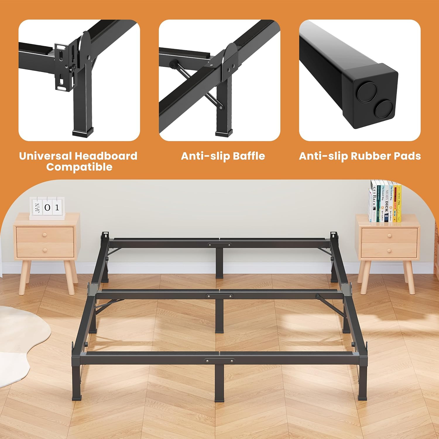 Metal Bed Frame Queen 8 Inches for Box Spring, 9-Legs Support Basics | Foldable