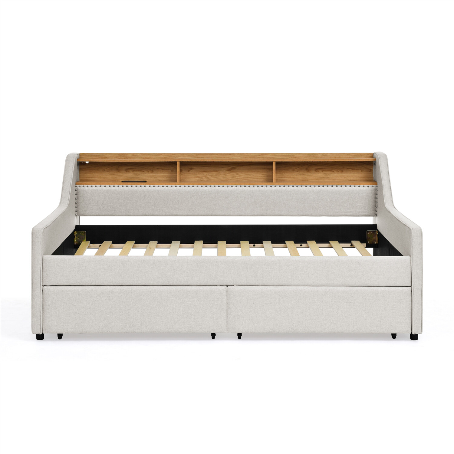 Twin Size Daybed Upholstered Bed Frame Sofa Bed w/ LED Lights & 2 Drawers