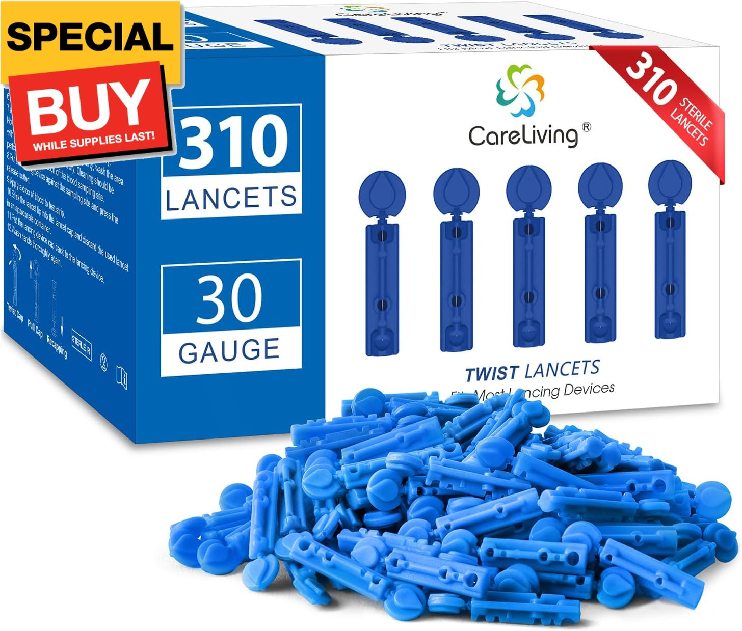 Lancets for Diabetes Testing - 30 Gauge Diabetic Lancets for Blood Testing and G