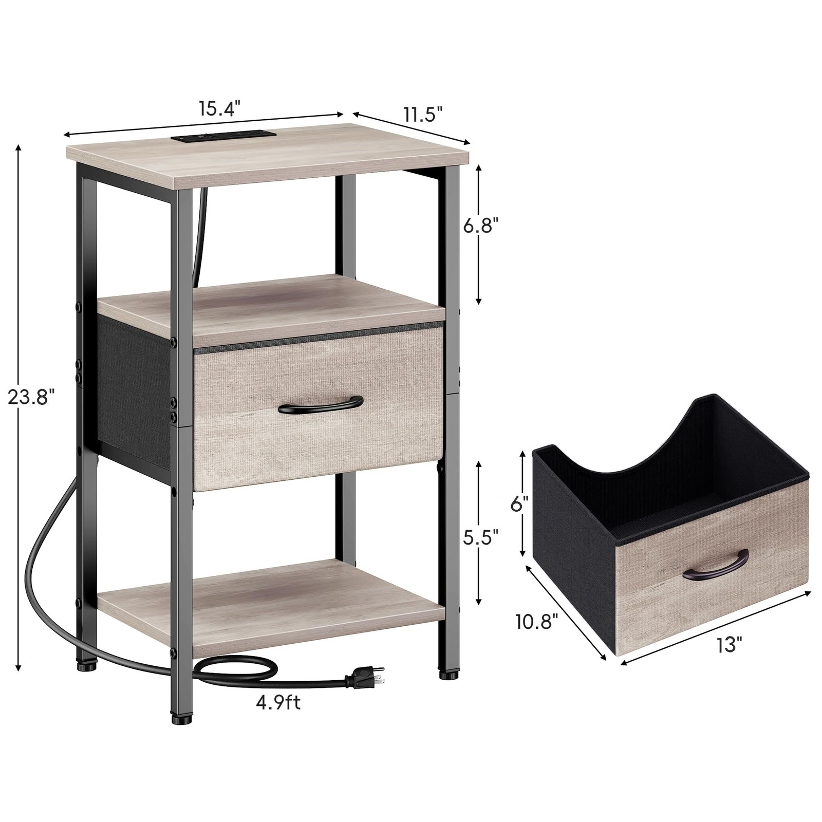 Nightstand with Charging Station, Side Table with Adjustable Drawer, End Tabl...