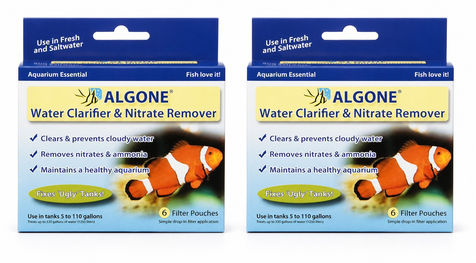 Algone Water Clarifier Nitrate Remover for Aquariums Treats 330 Gallons - 2 Pack