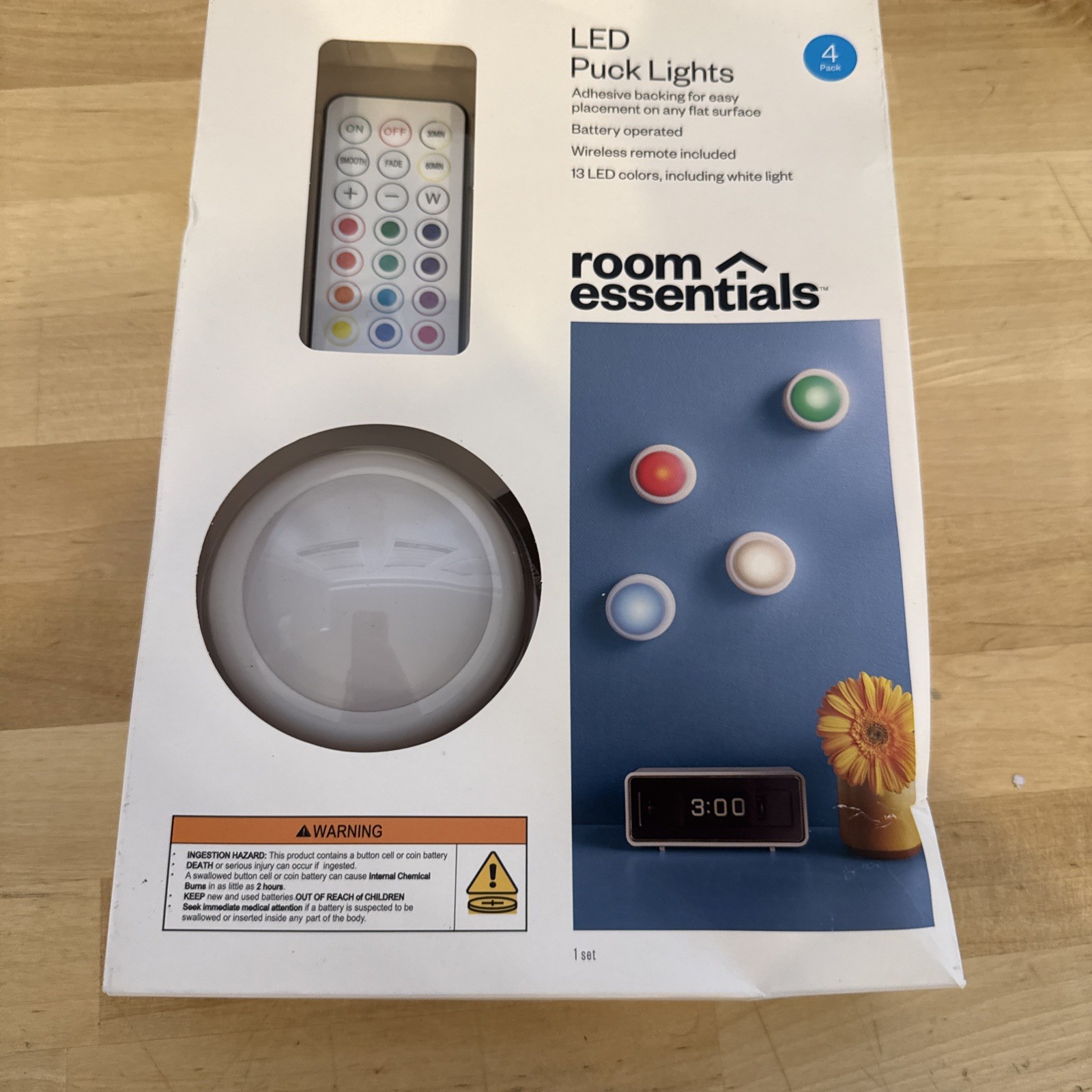 Room Essentials 4pk Batt Operated LED Puck Light Tap Control Remote 13 Color-E