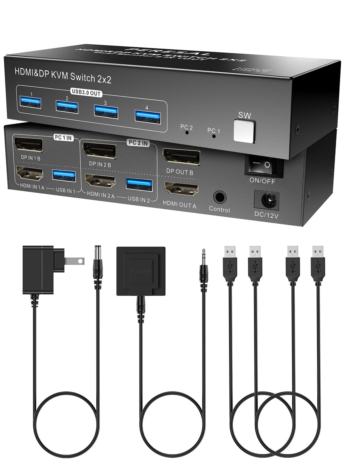 Dual Monitor HDMI DP KVM Switch, 2 Computers 4K60Hz Black