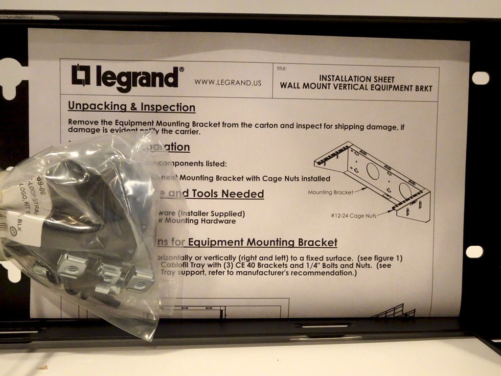 Legrand WMBV2U Vertical Wall Mount Bracket, 2 RU, New In Box
