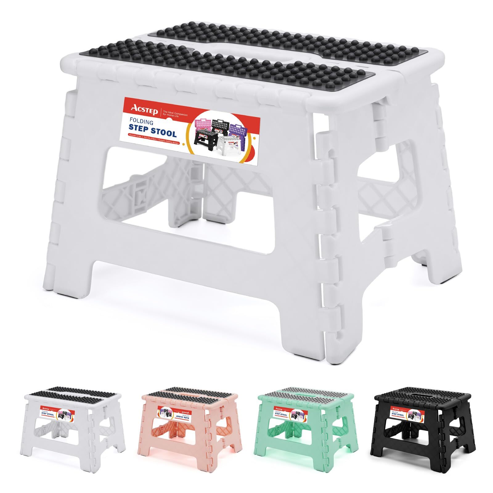 White Folding Step Stool 9 Inch 300 LB Capacity Non Slip Handle 1 PC