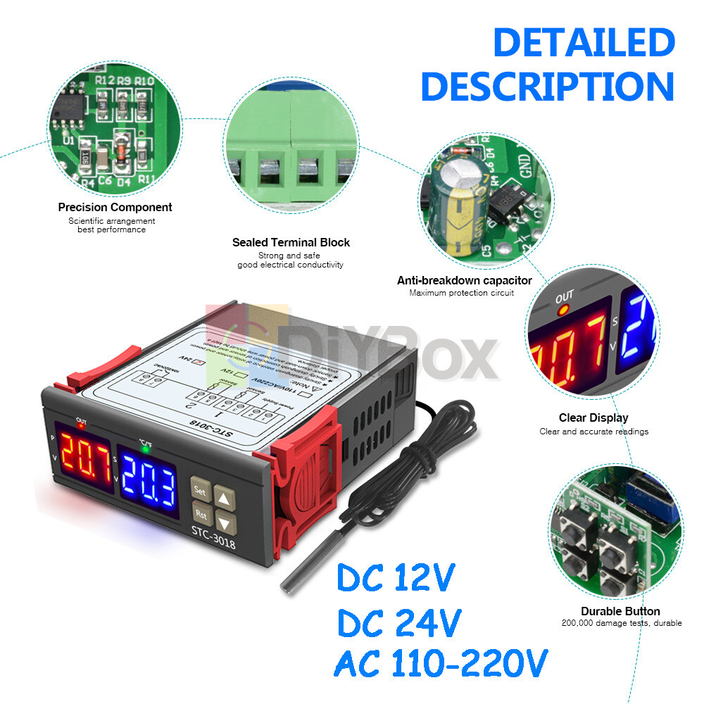 STC-3018 12V 24V 110-220V Dual Digital Temperature Controller Thermostat Probe