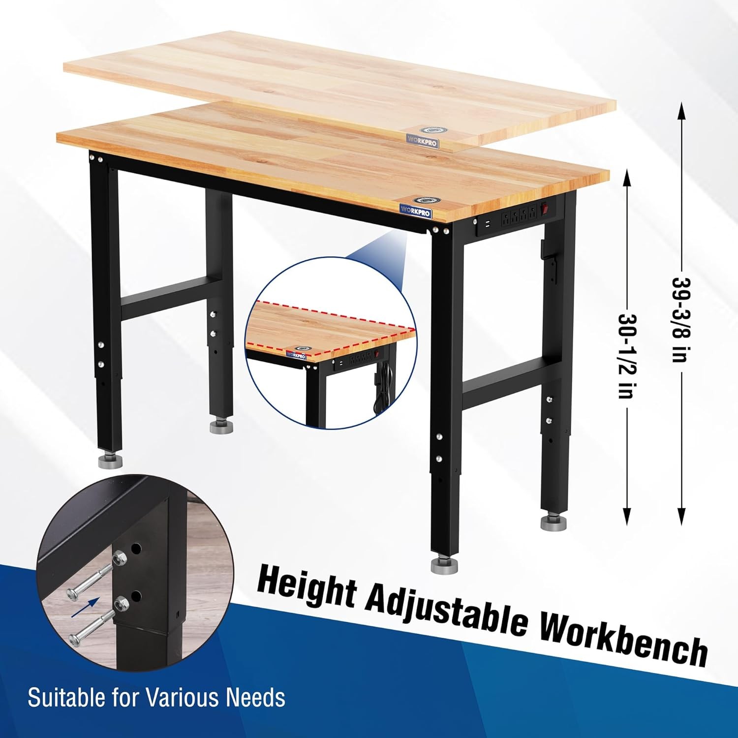 WORKPRO 48"X22" Adjustable Workbench Wheel Leveling Foot Rubber Wood Top Outlets