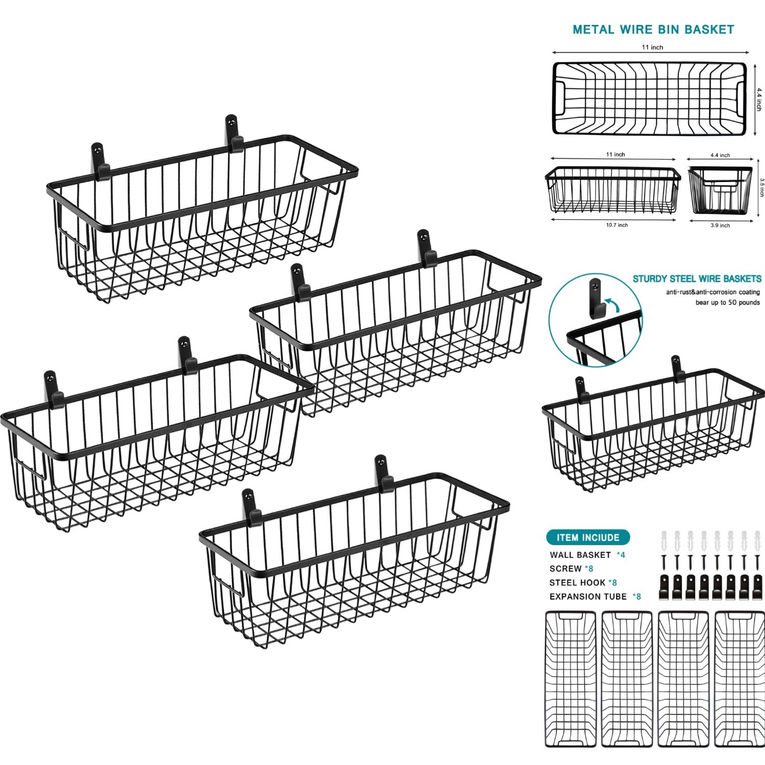 4 Pack Farmhouse Metal Wire Wall Mount Baskets Rustic Hanging Storage Organizer