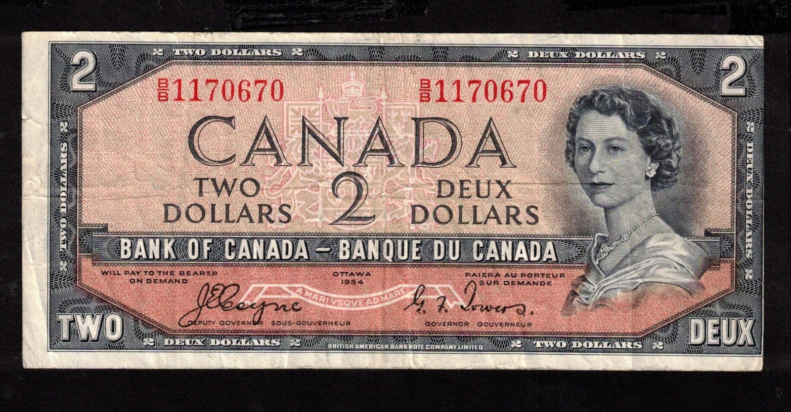 1954 Canada $2 dollar devils face note Coyne Towers B/B 1170670 VF
