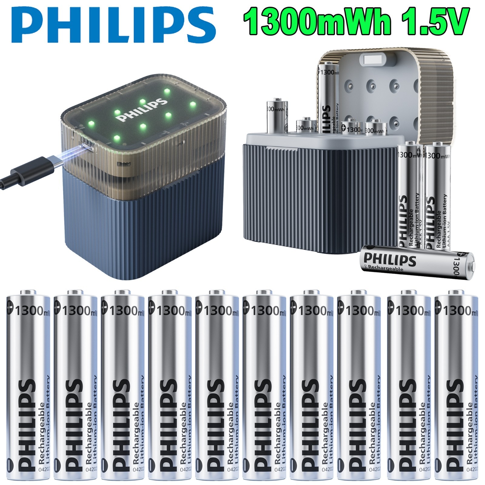 Lot Philips 1.5V 1300mWh AAA Rechargeable Lithium Battery with Smart Charger Box
