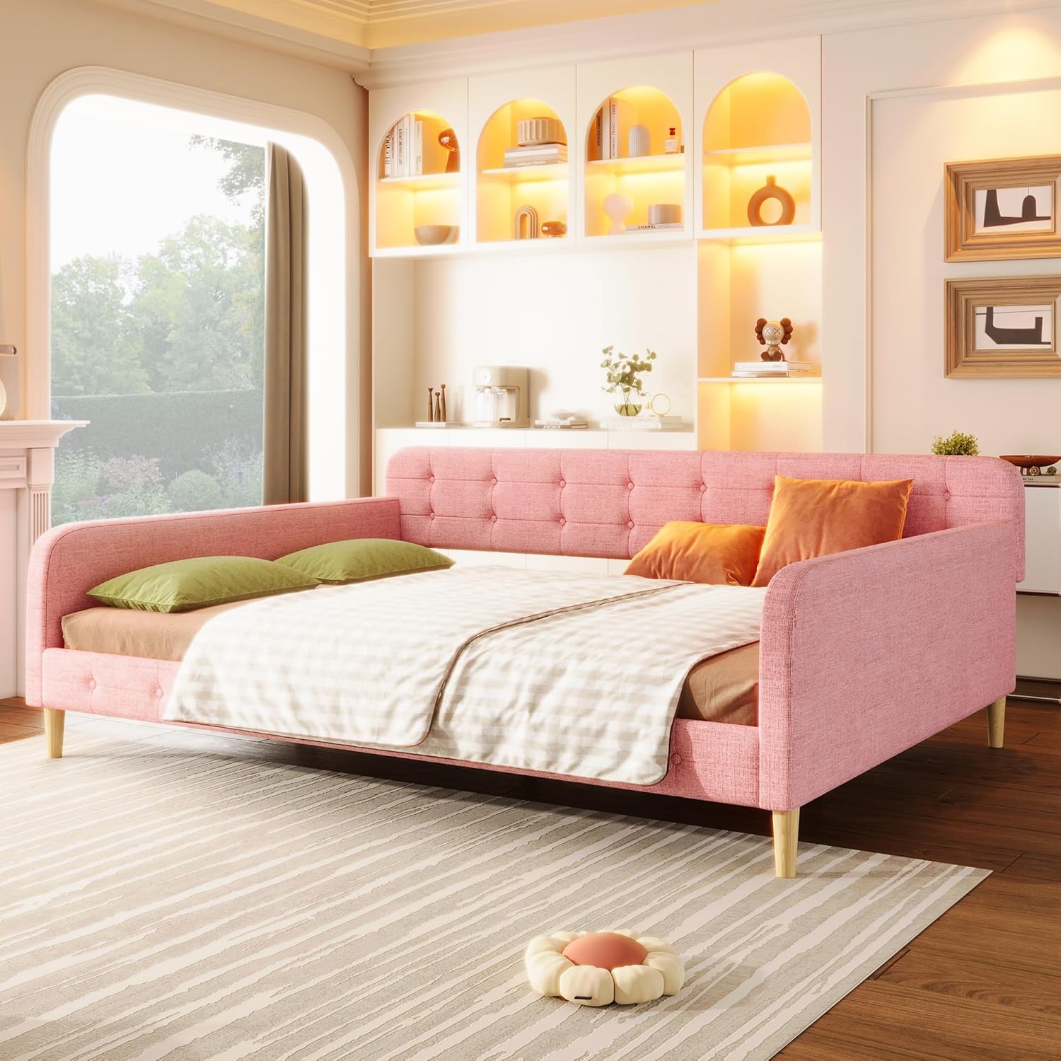 Twin Size Upholstered Daybed W/ 4 Support Legs Linen Sofa Bed Frame W/ Button