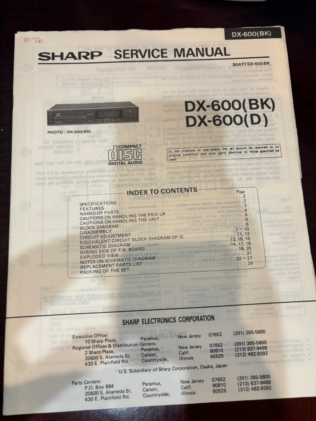 ORIG. SHARP DX-600 DX-600BK DX-600(BK) (D) D Repair & Service Manual **ORIGINAL*